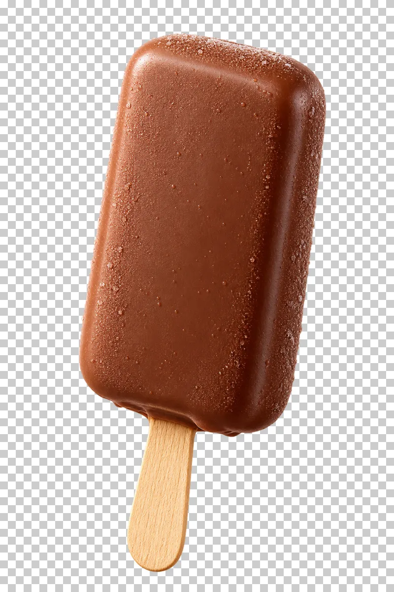 A chocolate-coated ice-cream bar on a wooden stick.