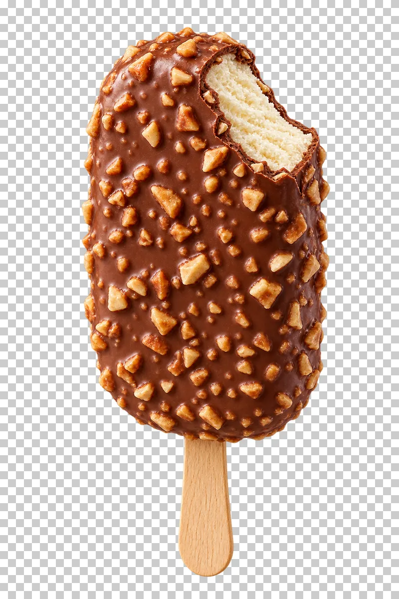 A nut-crusted chocolate ice-cream bar with a bite exposing its frozen center.