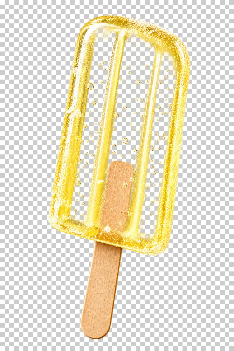 A translucent pale lemon-juice ice pop on a wooden stick.