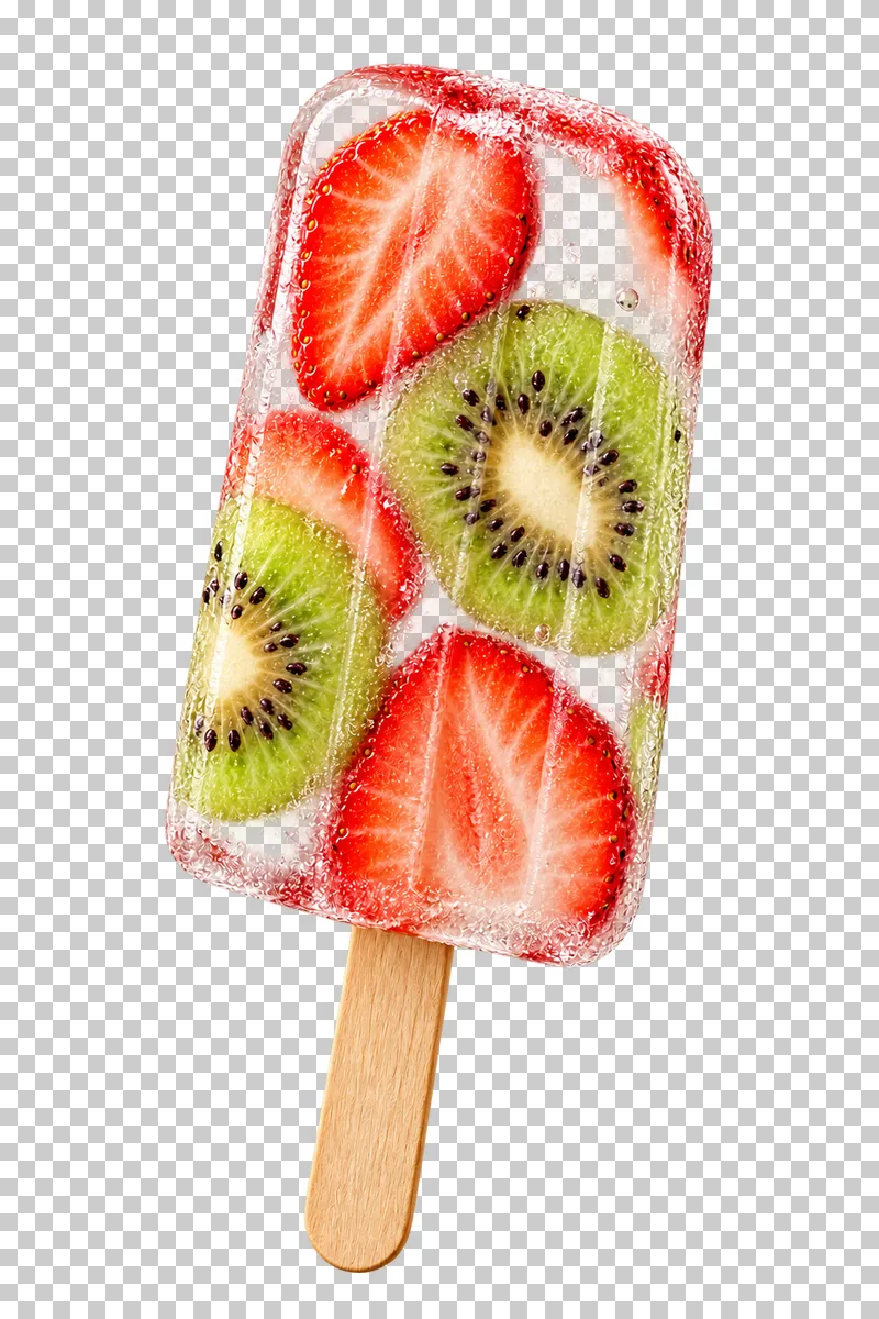 A translucent fruit ice pop with embedded fruit slices on a wooden stick.