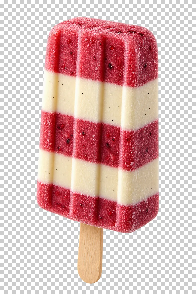 A layered dairy-and-fruit ice pop on a wooden stick.