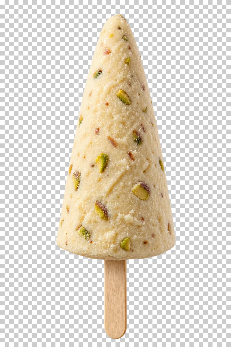 A tapered kulfi ice pop on a wooden stick.