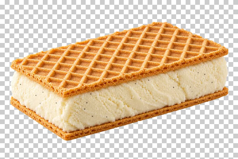 An ice-cream sandwich between two rectangular wafers.