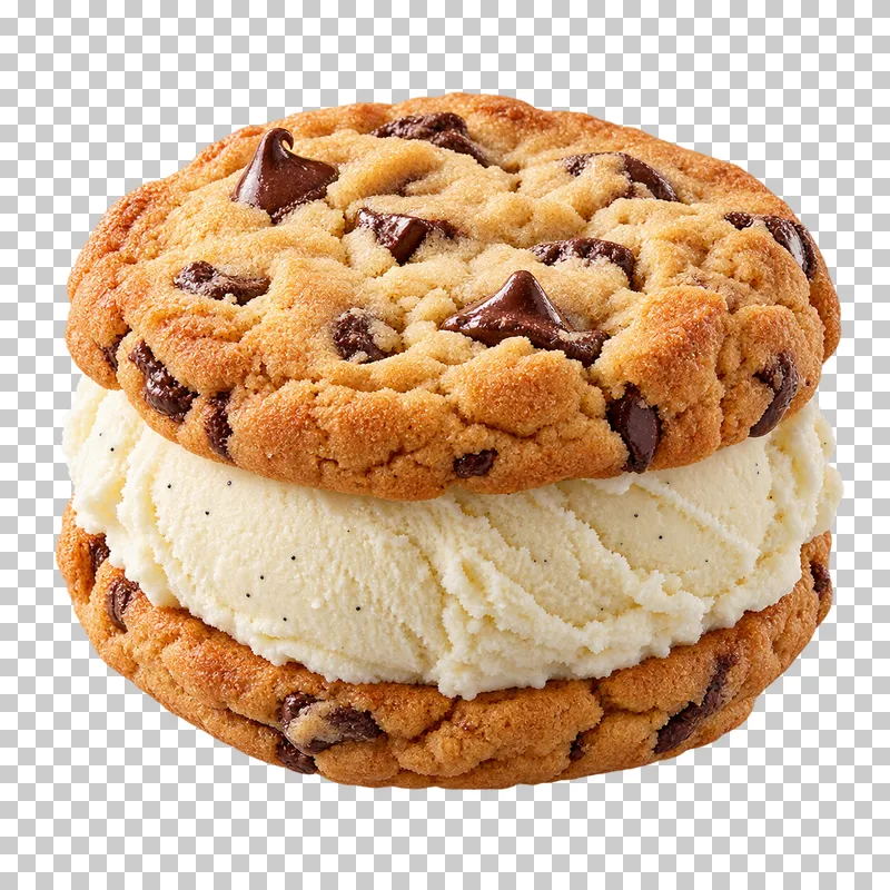 An ice-cream sandwich between two round cookies.