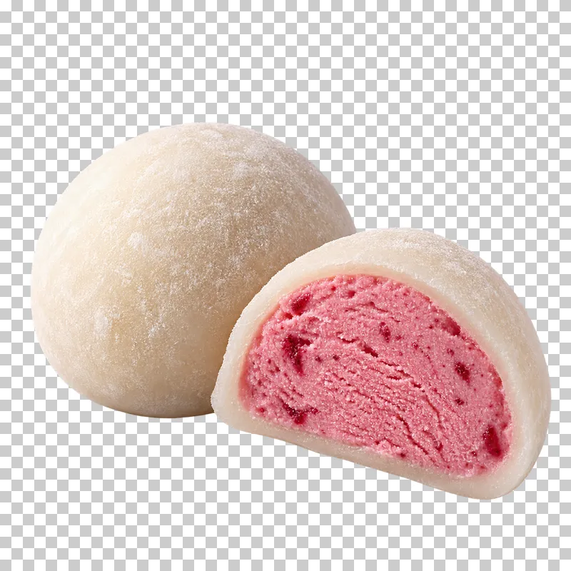 A whole mochi ice cream beside a cut piece showing the frozen filling.