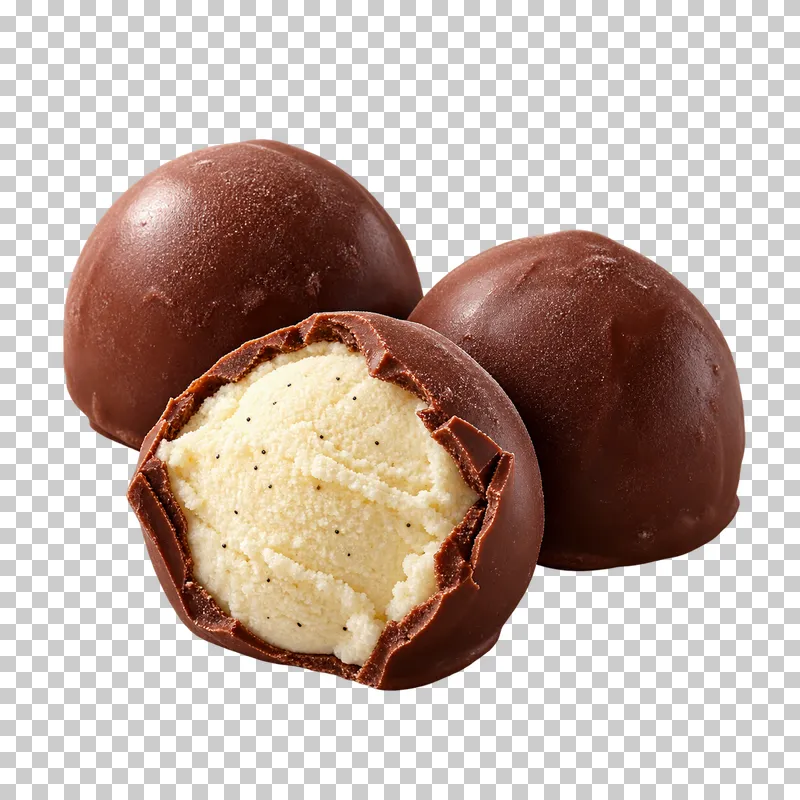 Chocolate-coated ice-cream bonbons with a cracked piece showing the filling.