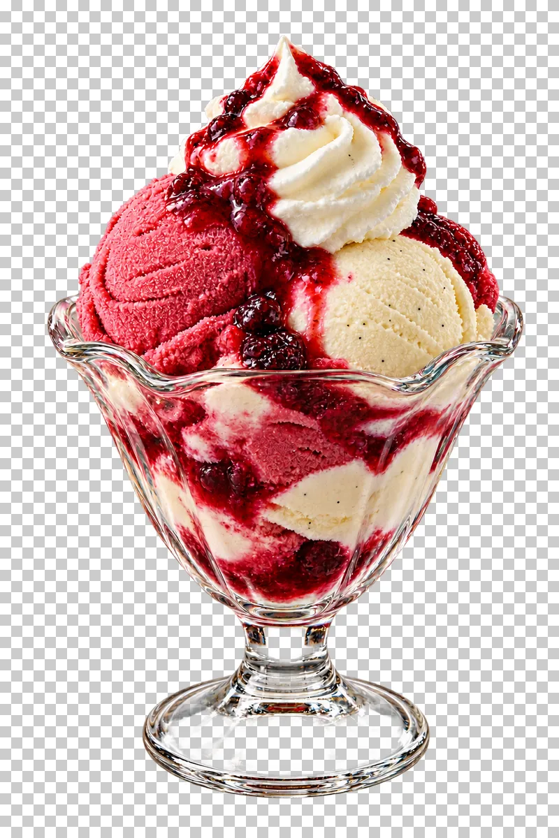 A layered ice-cream sundae in a clear footed glass.