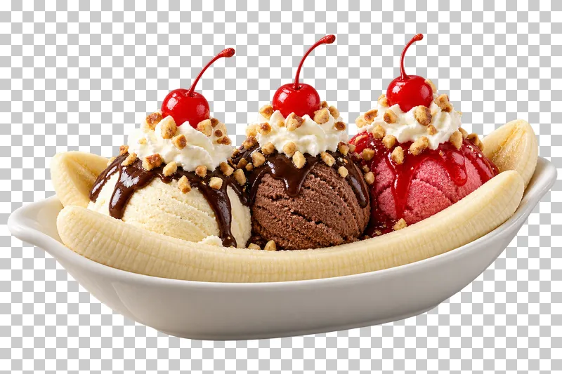 A banana split with ice-cream scoops and toppings in a serving dish.
