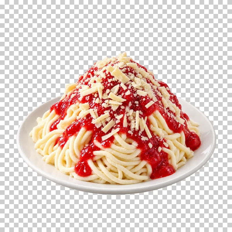 Spaghetti-style ice cream topped with fruit sauce on a plate.