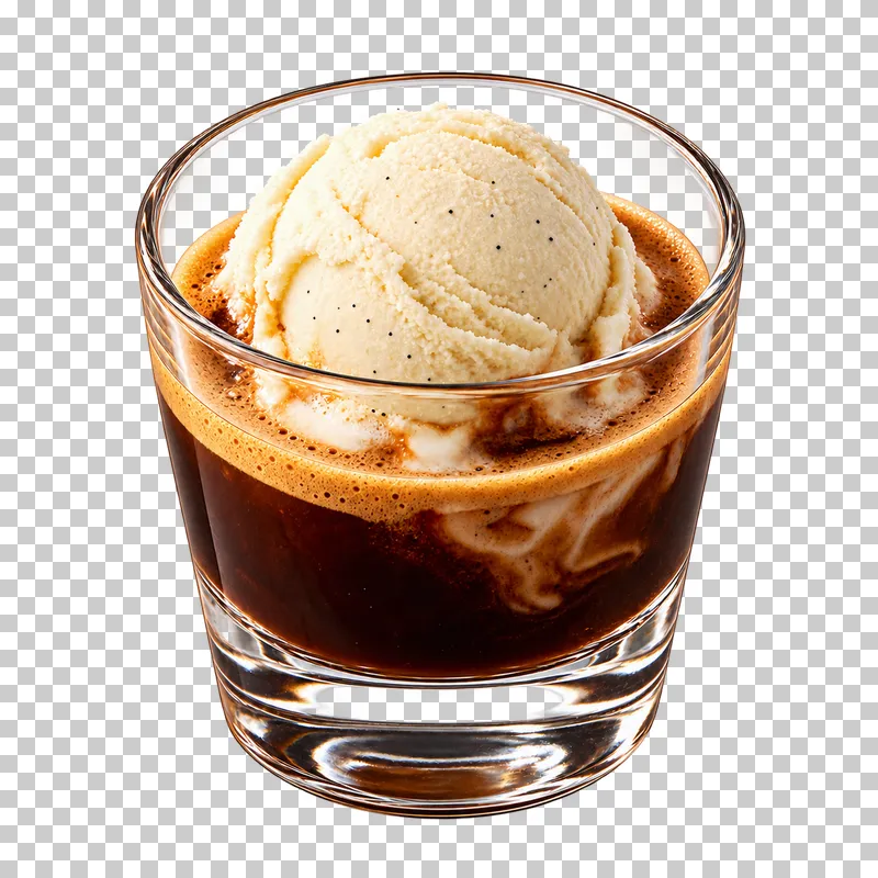 An affogato with ice cream and coffee in a clear glass.