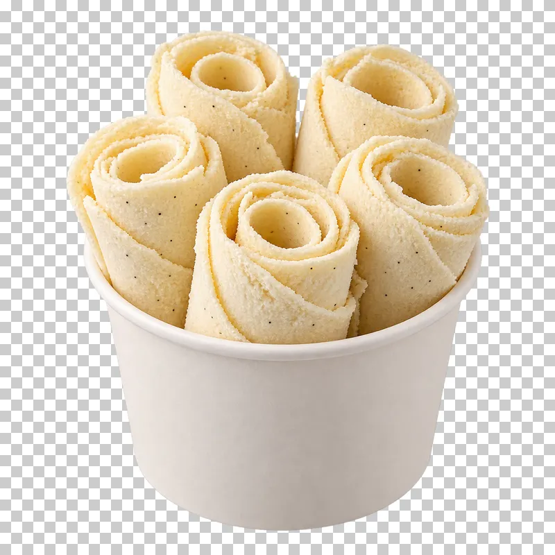Rolled ice cream arranged upright in a paper cup.