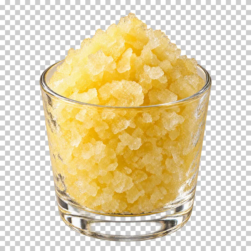 Frozen granita served in a clear glass cup.