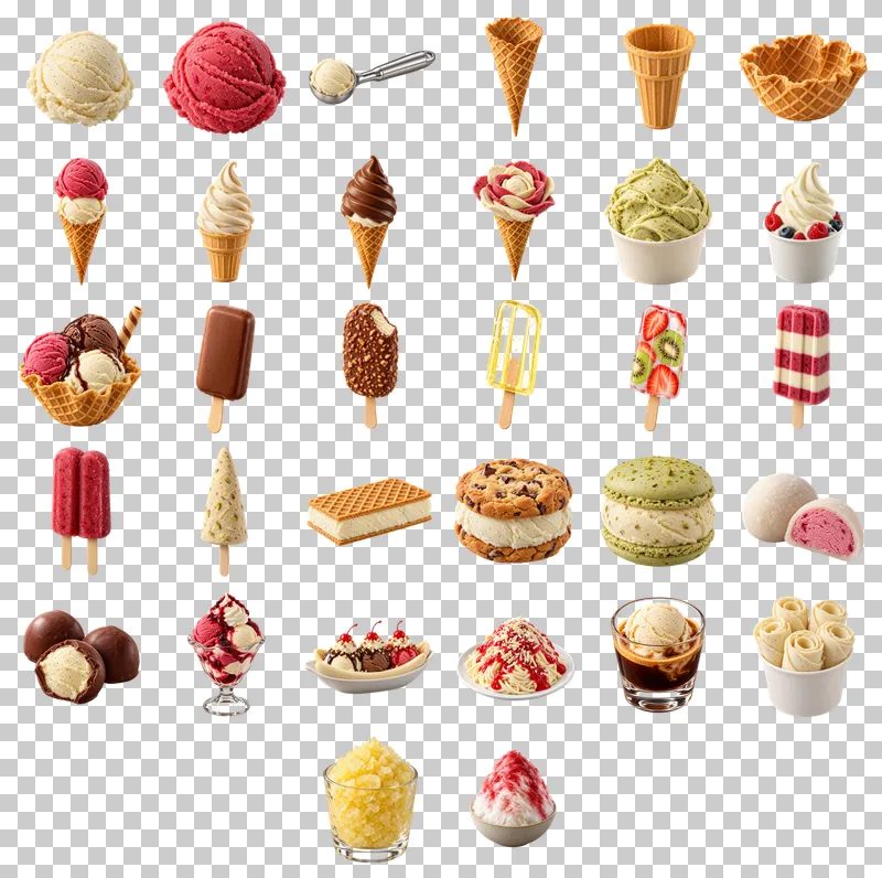 Ice Cream and Frozen Desserts Photo PNG Collection: all 32 elements in one grid