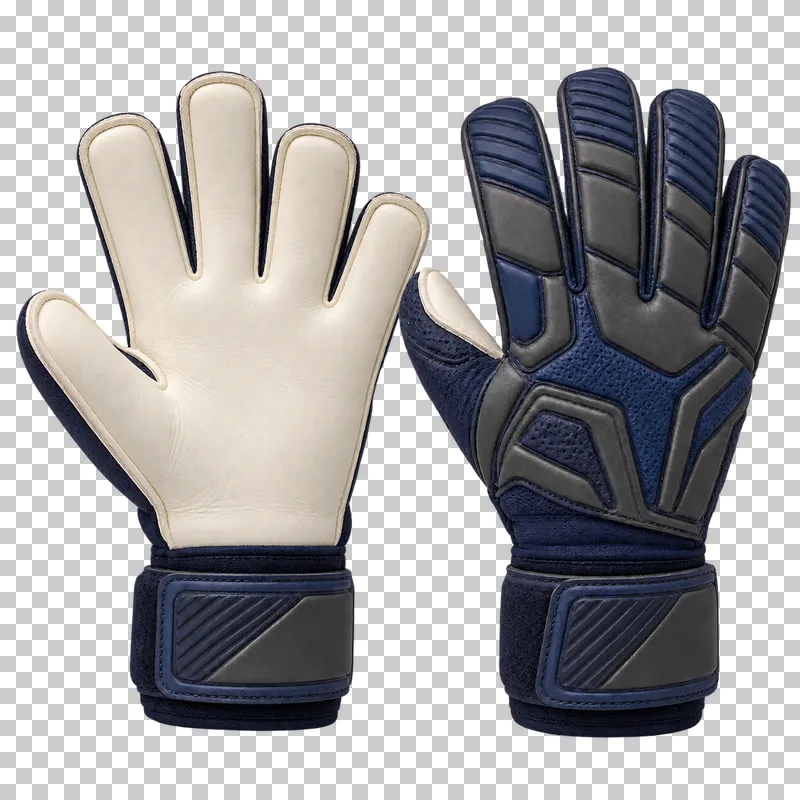 A pair of navy and ivory goalkeeper gloves, showing the palm and back.