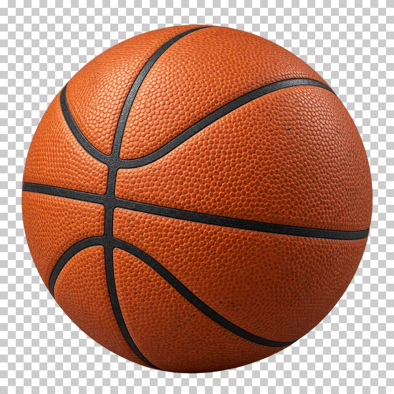 An orange basketball with black seams.