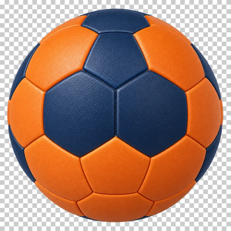 An orange and navy handball with polygonal panels.
