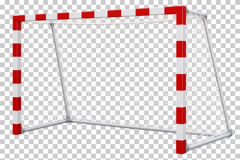 A handball goal with striped posts and a net.