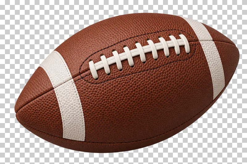A brown American football with white laces.