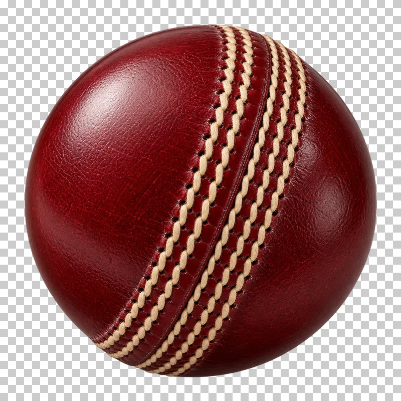 A red cricket ball with a stitched seam.