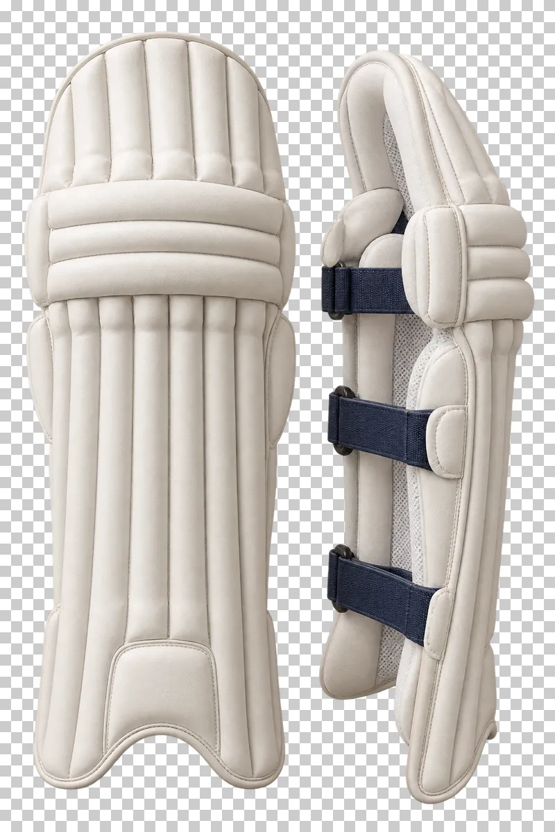 A pair of cricket batting pads with vertical padded sections.