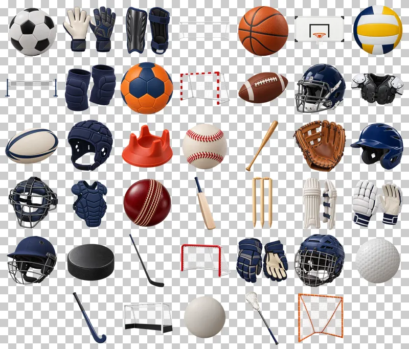 Team Sports Equipment Photo PNG Collection: all 40 elements in one grid
