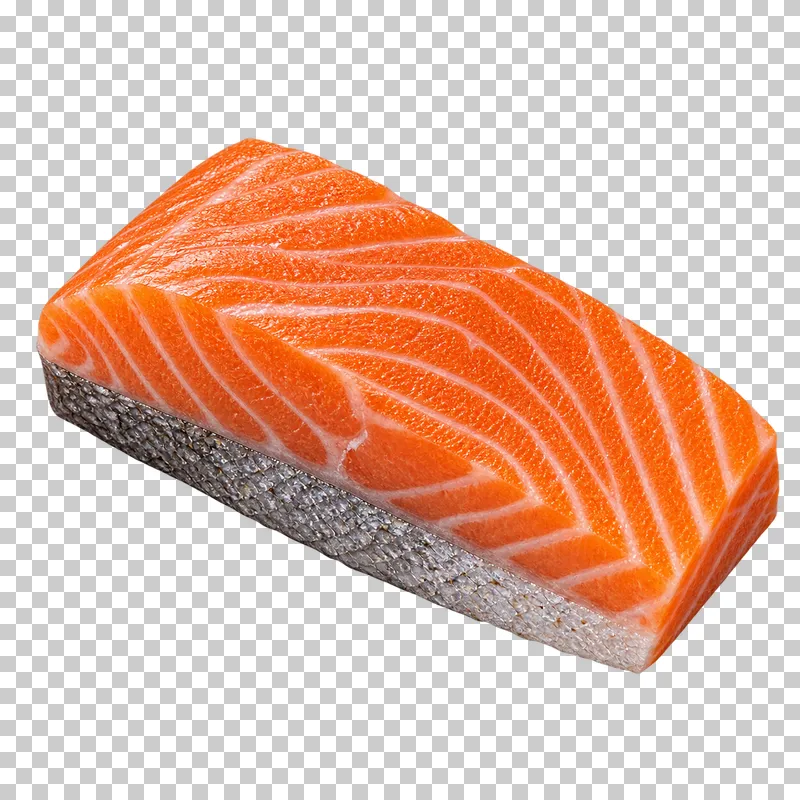 Raw skin-on salmon portion, isolated on a transparent background.