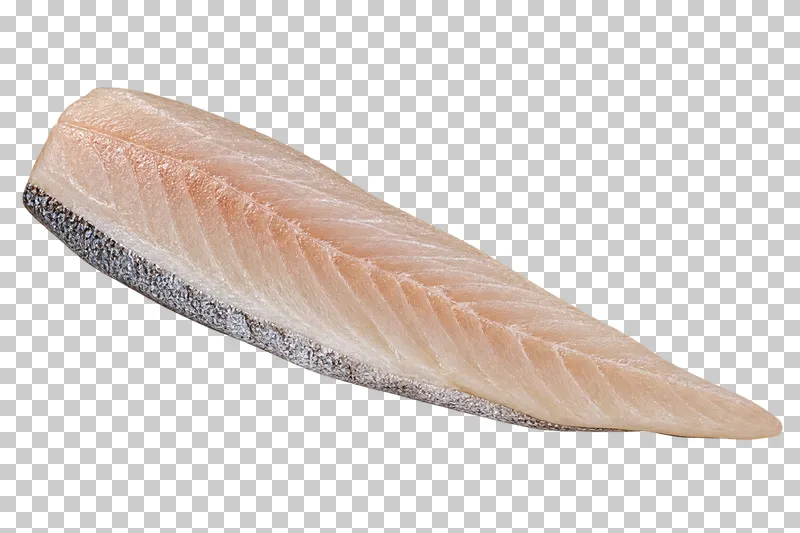 Raw skin-on sea bass fillet, isolated on a transparent background.