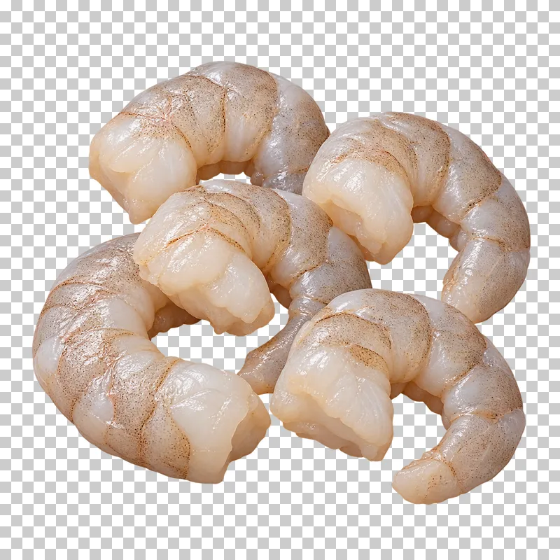 Peeled raw shrimp portion, isolated on a transparent background.