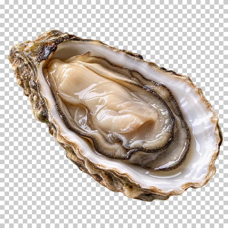 Edible oyster on a half shell, isolated on a transparent background.