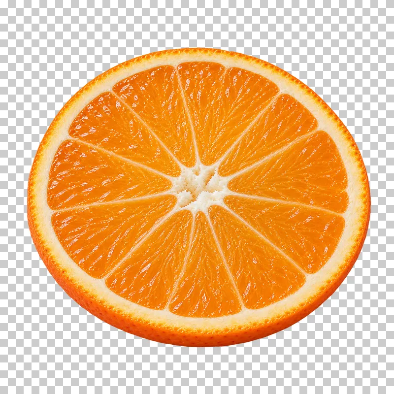 A thin round orange slice with moist flesh, pale membranes, and a narrow peel edge.