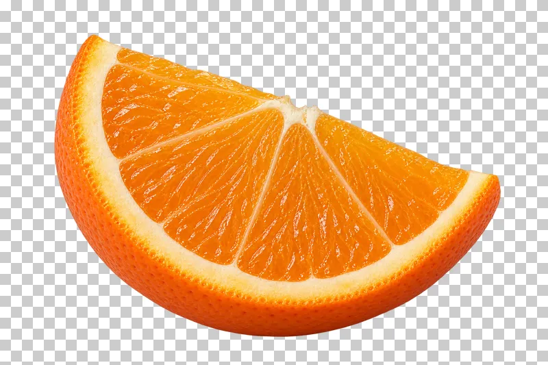 A thick orange wedge with segmented flesh, white pith, and textured orange peel.