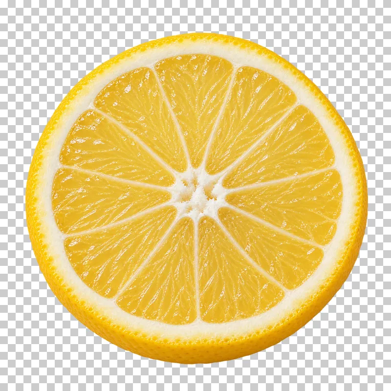 A round lemon slice with pale yellow flesh, radial membranes, and yellow peel.
