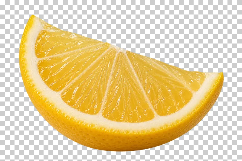 A lemon wedge with moist pale yellow flesh and textured peel.
