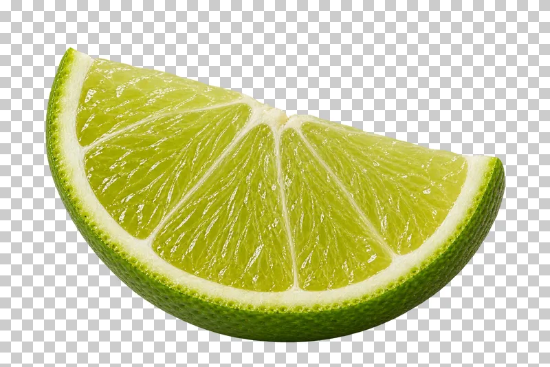 A lime wedge with segmented pale green flesh and textured green peel.