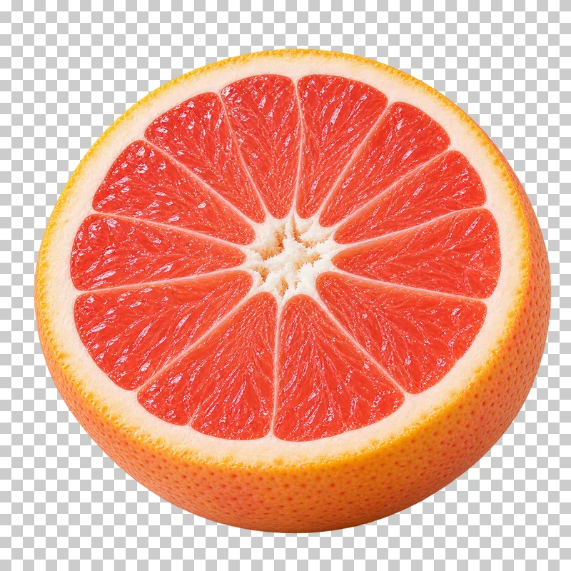 A grapefruit half with pink flesh, pale membranes, thick pith, and yellow-pink rind.