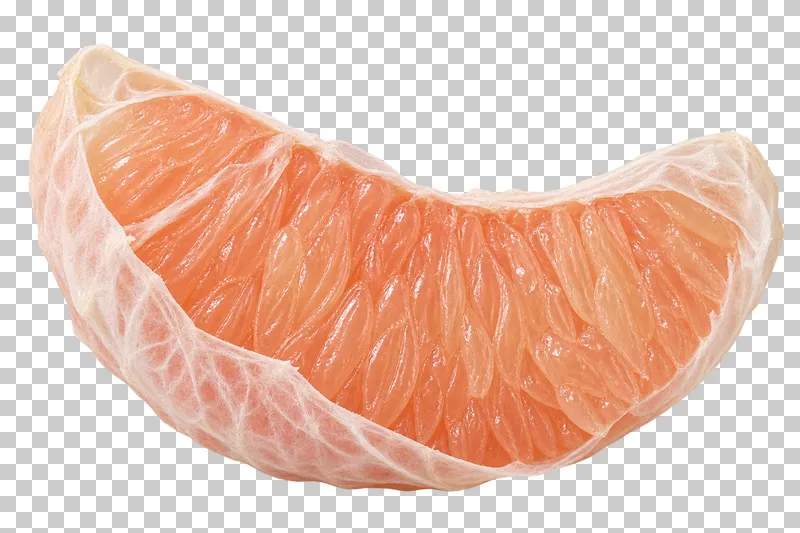 A peeled pomelo segment with pink pulp and a partly opened pale membrane.