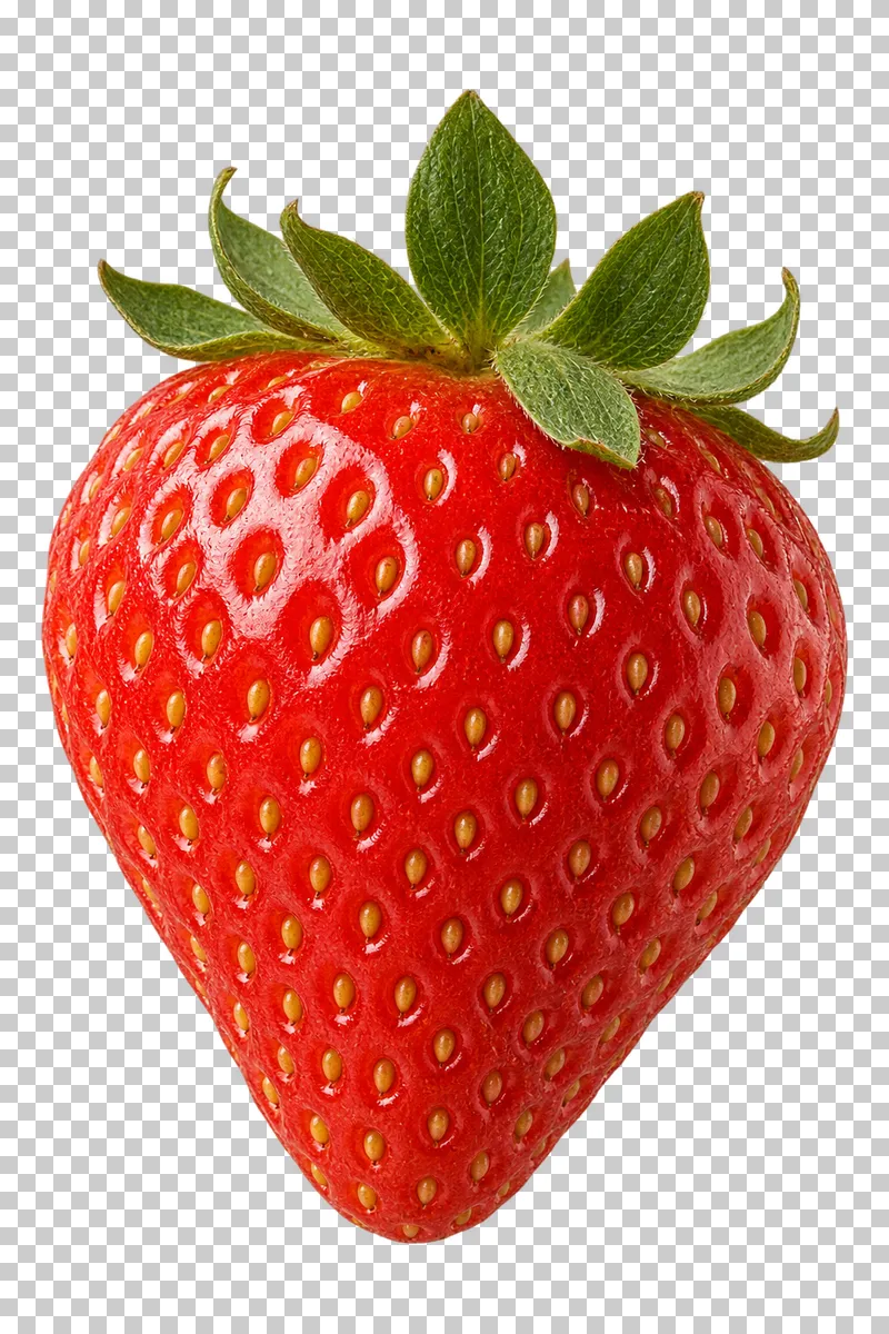 A ripe red strawberry with recessed golden seeds and a complete green calyx.