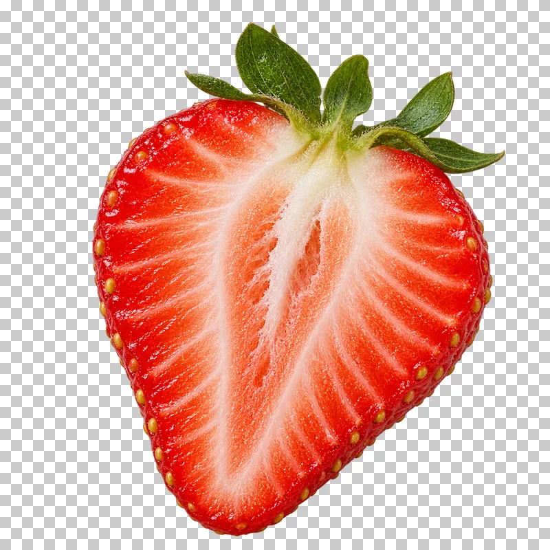 A strawberry half showing red flesh, a pale central core, and an attached green calyx.