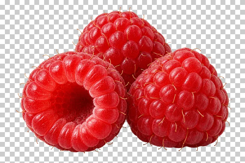 Three red raspberries with distinct drupelets, including one facing its hollow core forward.