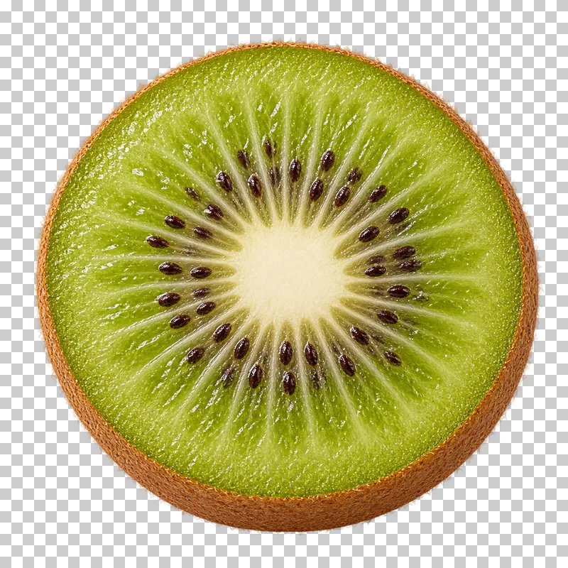 A round kiwi slice with green flesh, a pale center, black seeds, and brown skin.