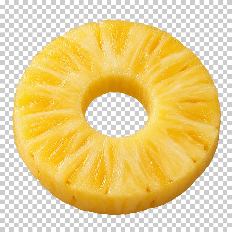 A peeled pineapple ring with yellow fibrous flesh and an open center.