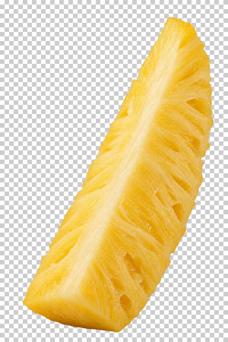 An elongated peeled pineapple spear with fibrous yellow flesh.