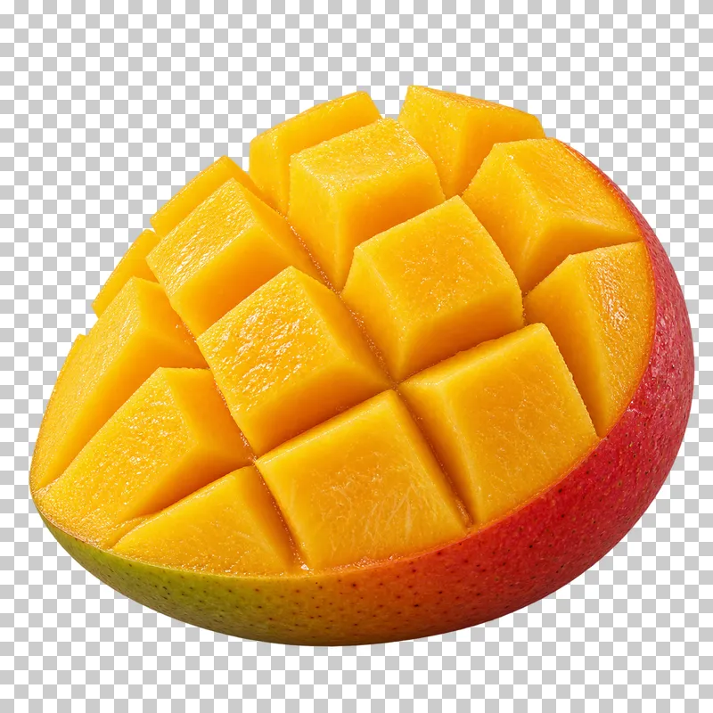 A scored mango cheek with raised golden cubes attached to one red-green skin.