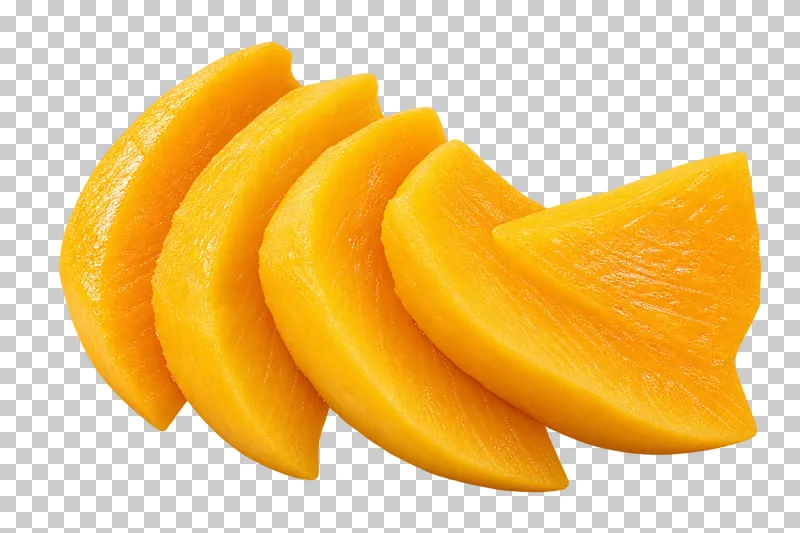 A fan of five overlapping peeled mango slices with golden flesh.