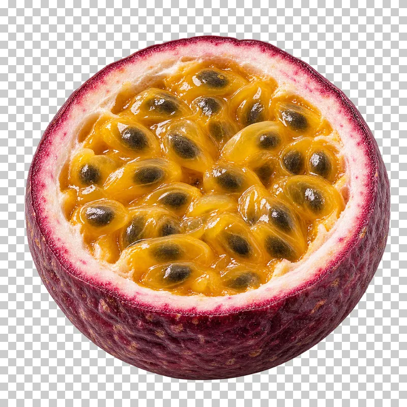 A purple passion fruit half containing golden pulp and dark seeds.