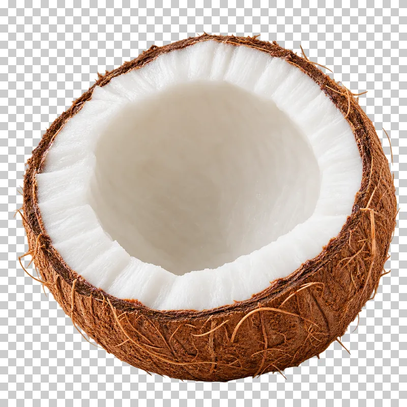 A coconut half with a fibrous brown shell, white flesh, and an open cavity.