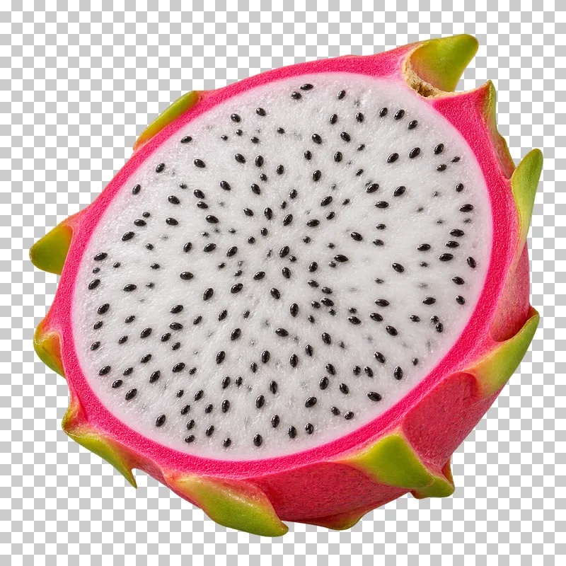 A dragon fruit half with white seeded flesh, pink peel, and green-tipped scales.