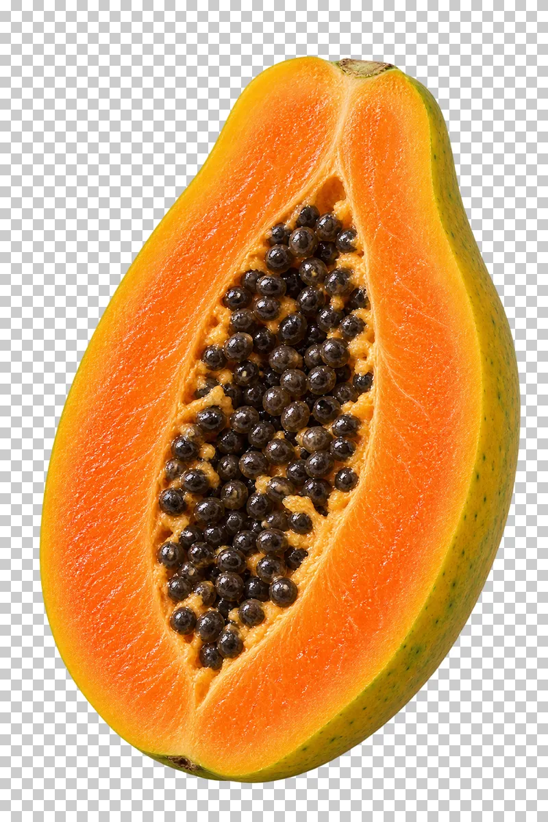 A papaya half with orange flesh, green-yellow skin, and a central cavity filled with dark seeds.