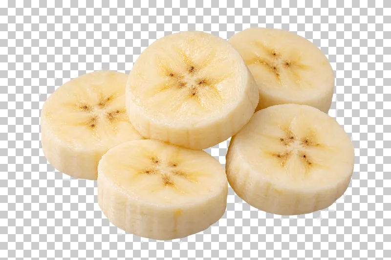 Five peeled banana rounds with cream flesh and subtle central seed patterns.