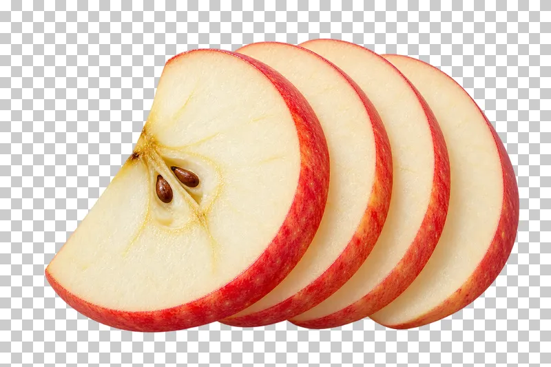 A fan of five apple slices with pale flesh, red peel edges, and visible core detail.